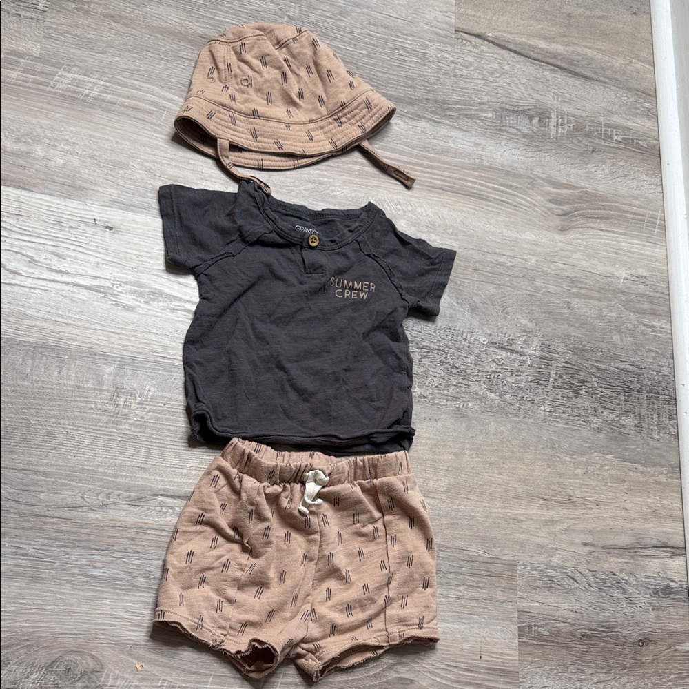 Summer Crew Baby Tee with Tan Printed Shorts & Bucket Hat Size 12M